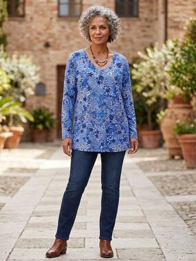 Blue Paisley Floral V-Neck Long Sleeve Knit Woman Within Tunic Top Size 18/20